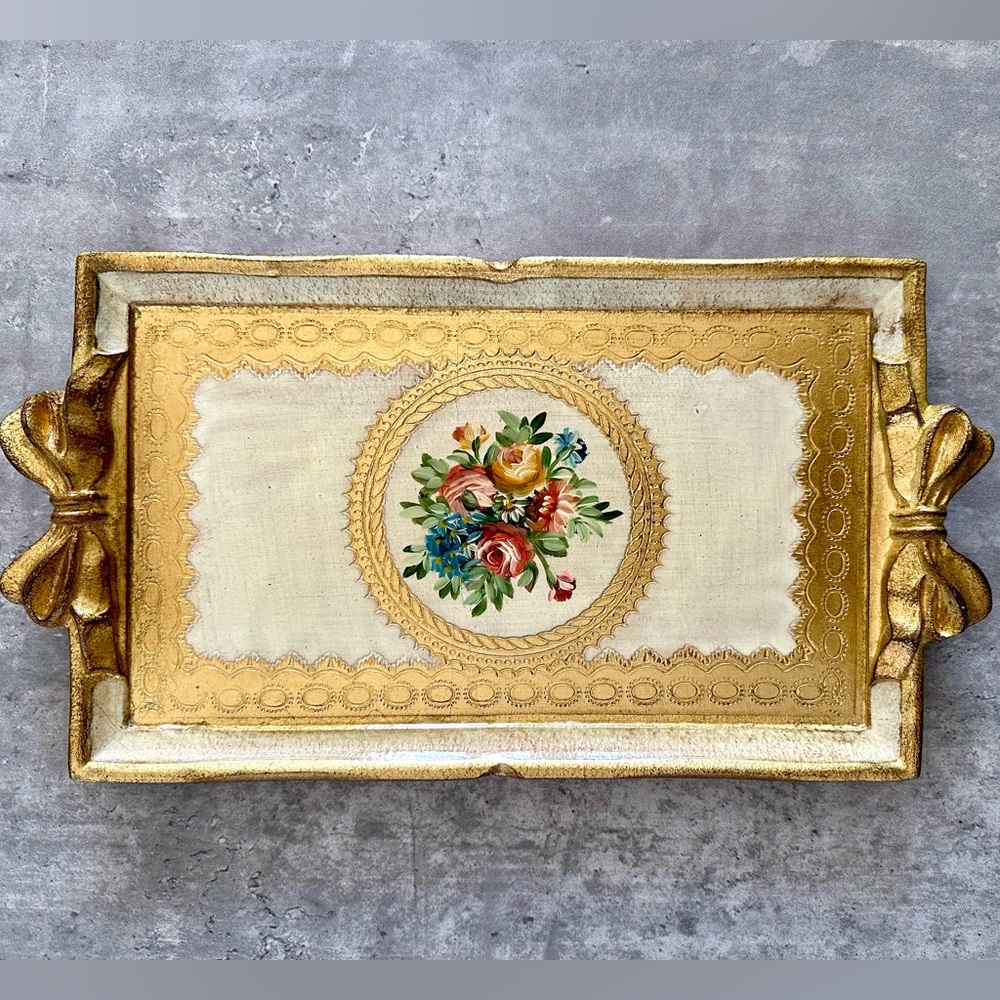 Florentine Gilded Serving Tray, Gold and Ivory Hand Carved and Painted Platter